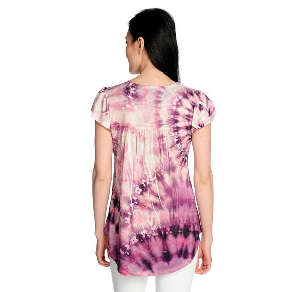 NWOT - One World Printed Knit Flutter Sleeve Trimmed Button-up Henley Coral, M - Picture 2 of 2